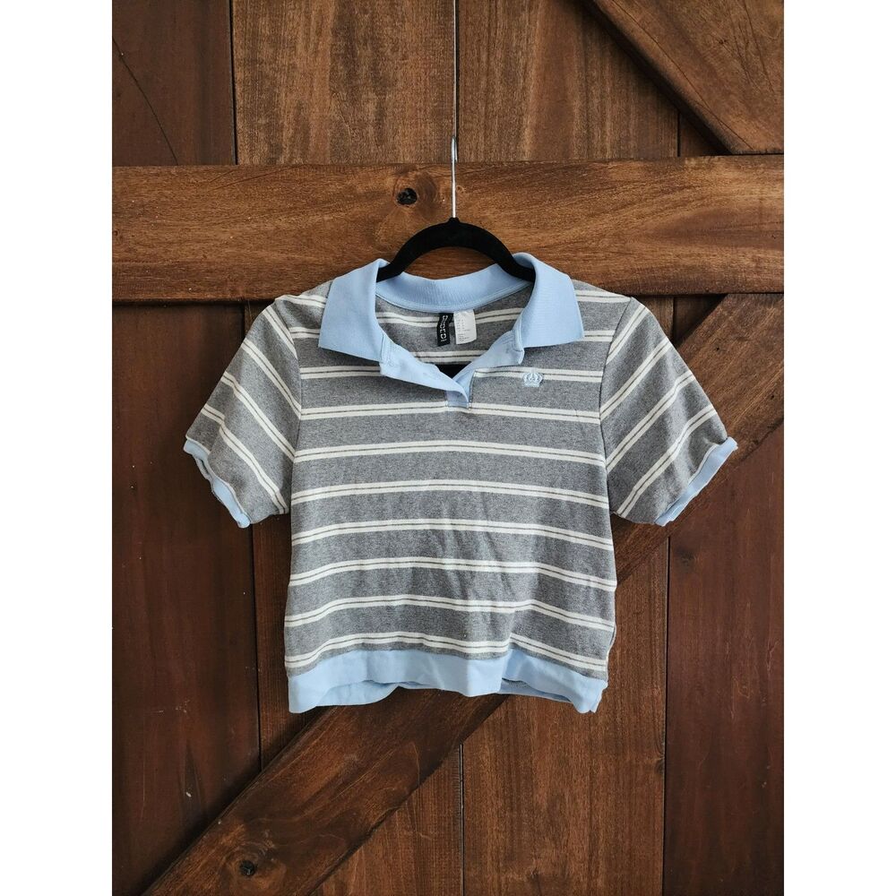 H&M Grey Striped Boys/Baby Tee Cotton Polo - Size Youth M